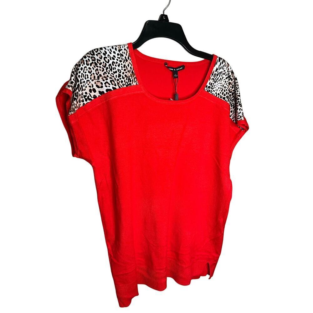 Cable & Gauge Leopard Knit Sweater‎ Top Short Cap Neck Pullover Red Size L NWT